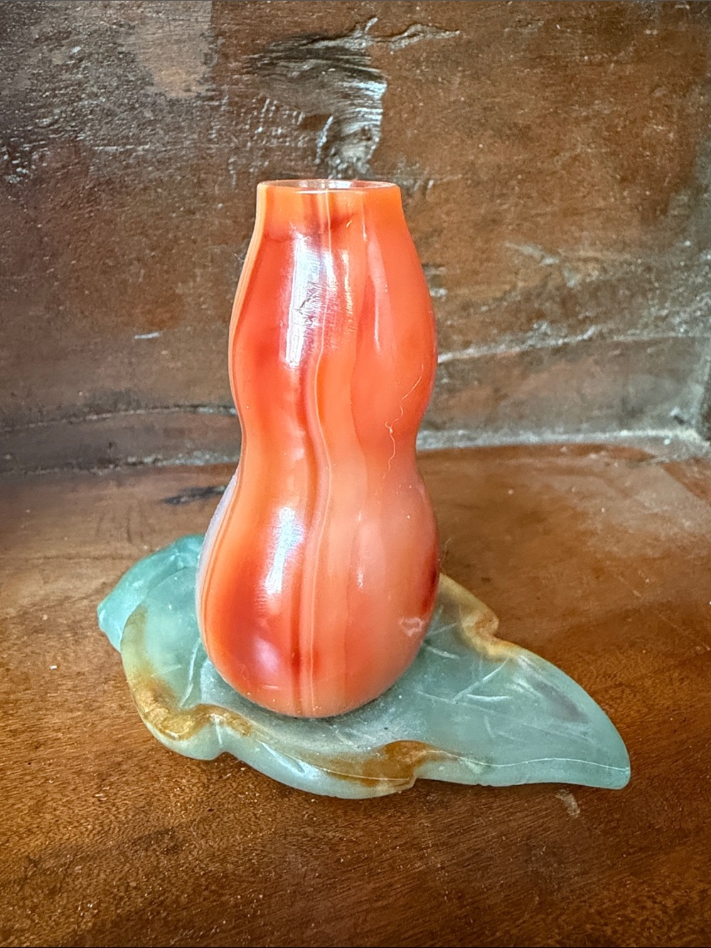 Vintage Carved Orange Agate Vase/Snuff holder on Green Onyx Leaf Base